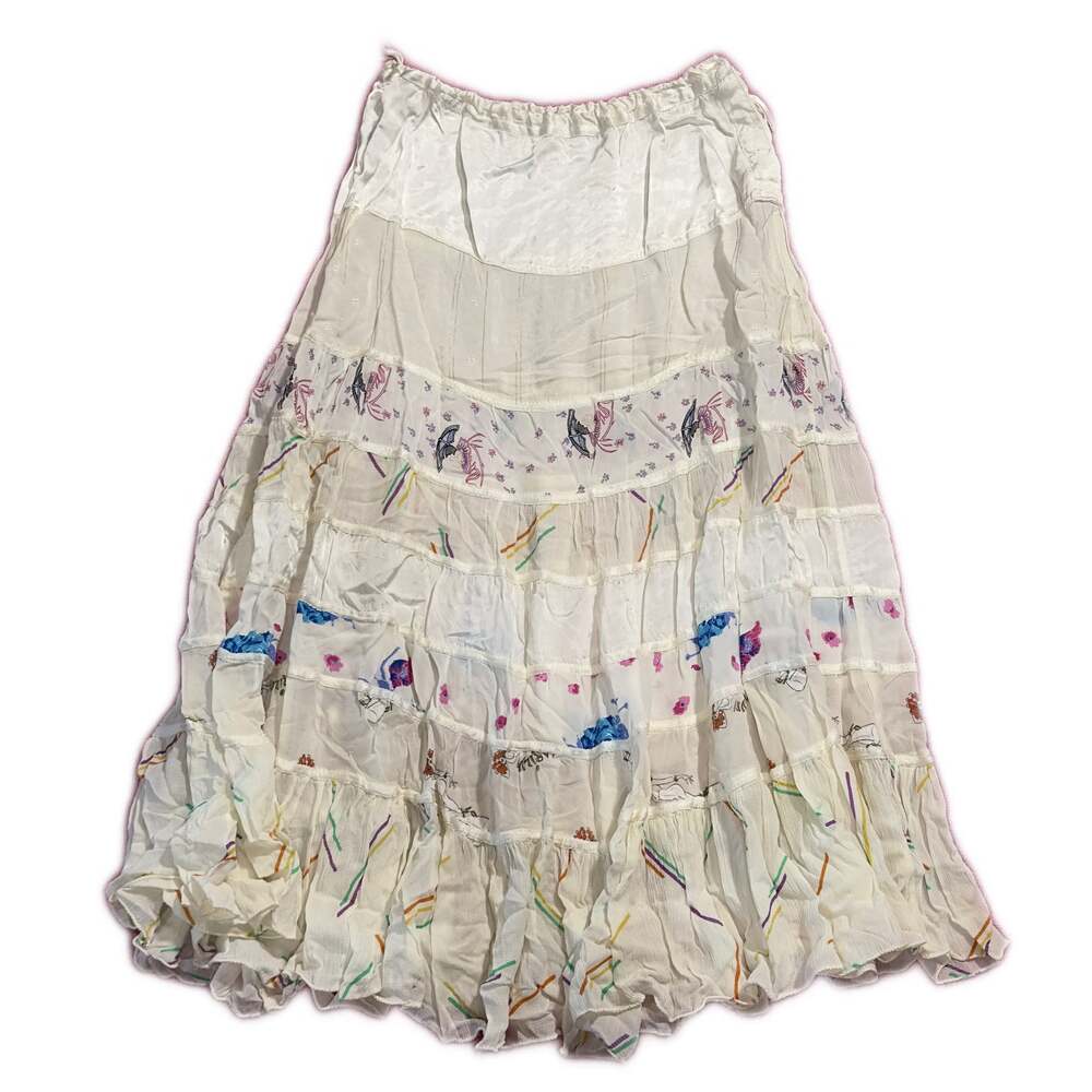 Vintage Tiered White Boho Maxi Skirt with Colorful Prints